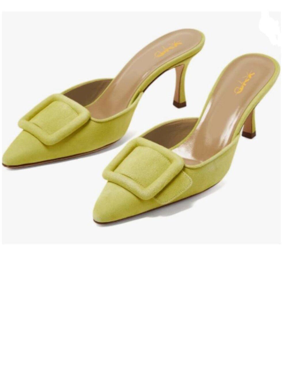 XYD Citron Green Pointed Toe Mules Buckle High Heel Slip On Open-back Slide Shoe